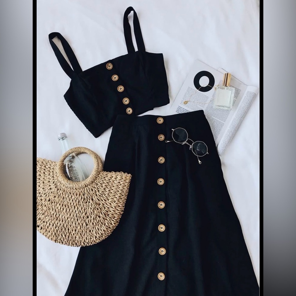 Lulus Sweet as Ever Black Two-Piece Midi Dress Medium 🖤